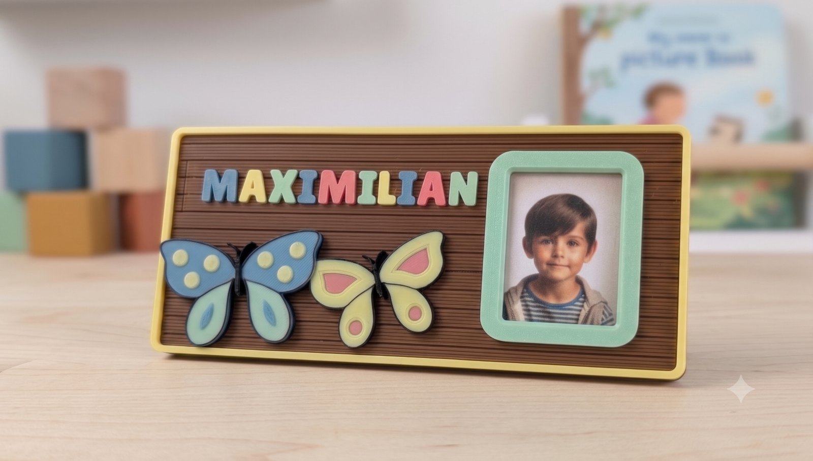 3D-gedrucktes Namensschild mit Steckbuchstaben und Foto